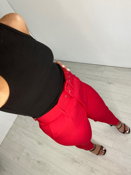 RED BELTED HIGH WAIST CIGARETTE TROUSER