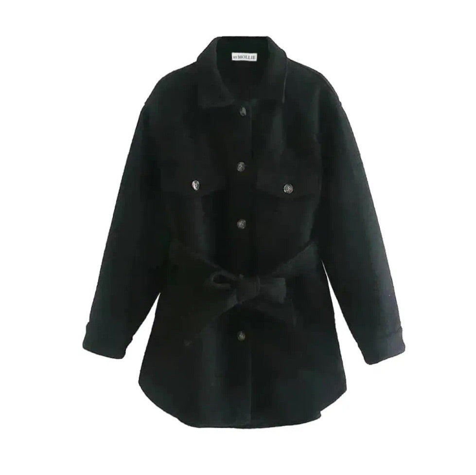 BLACK BELTED WOOL LOOK SHACKET OVERSHIRT