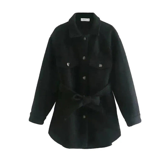 BLACK BELTED WOOL LOOK SHACKET OVERSHIRT