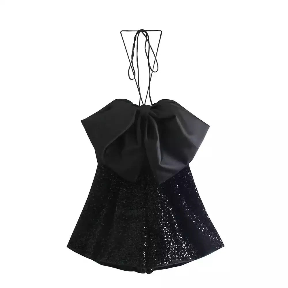 BLACK SATIN BOW AND SEQUIN SHORTS PLAYSUIT