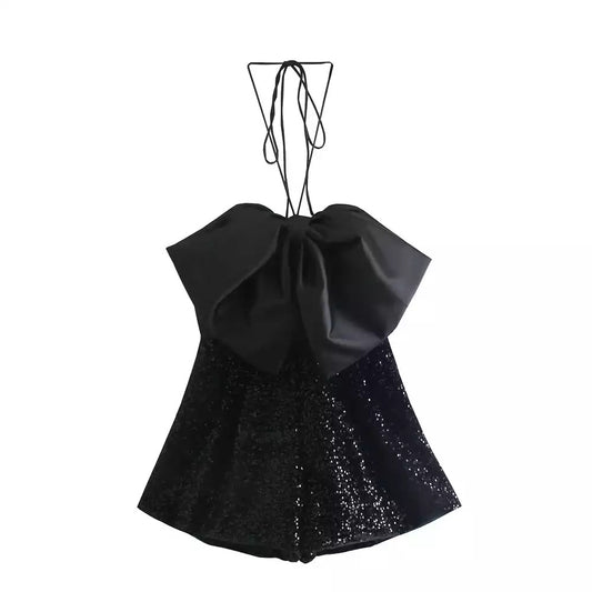 BLACK SATIN BOW AND SEQUIN SHORTS PLAYSUIT