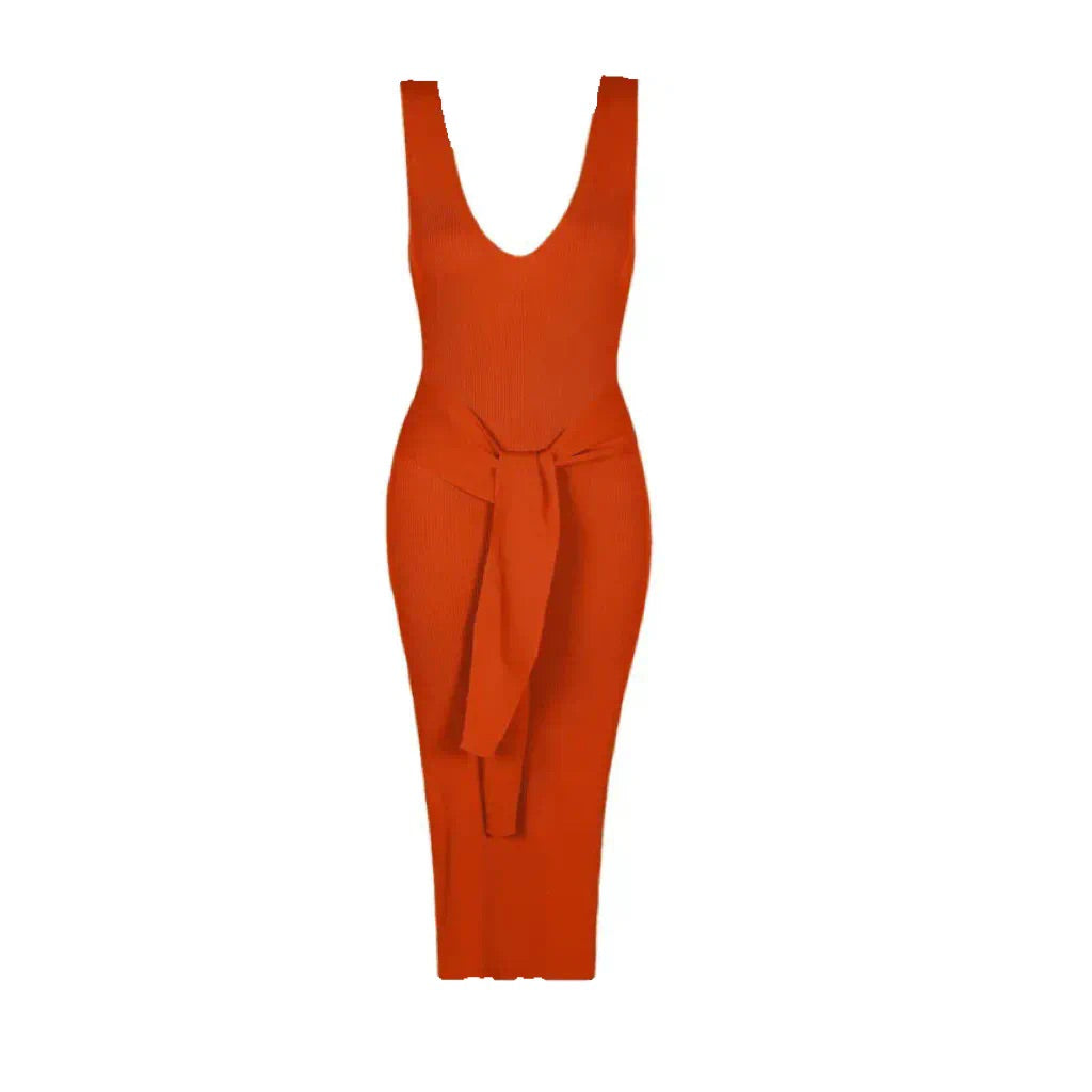 ORANGE V-NECK KNIT TIE FRONT MIDI DRESS