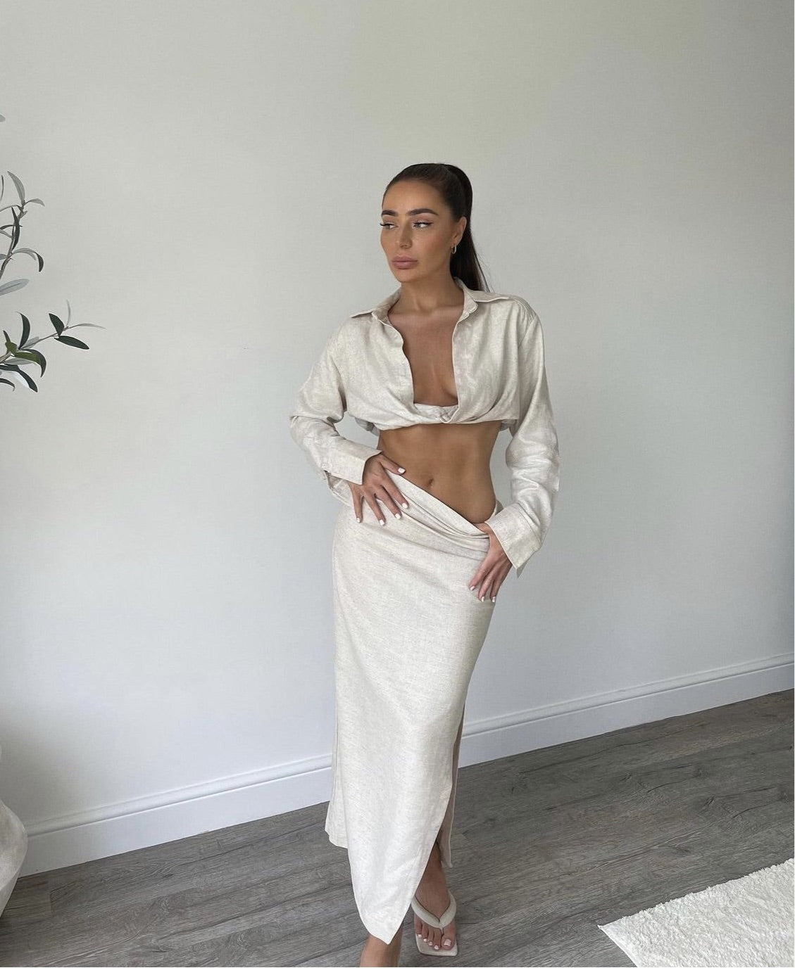 BEIGE LINEN BLEND CROP SHIRT AND SIDE SPLIT MIDI SKIRT CO-ORD