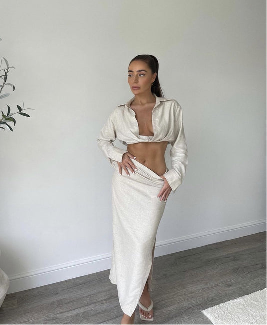 BEIGE LINEN BLEND CROP SHIRT AND SIDE SPLIT MIDI SKIRT CO-ORD