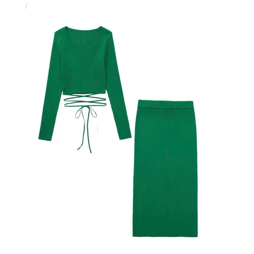 GREEN LONG SLEEVE KNIT TOP AND SKIRT CO-ORD - Main Image
