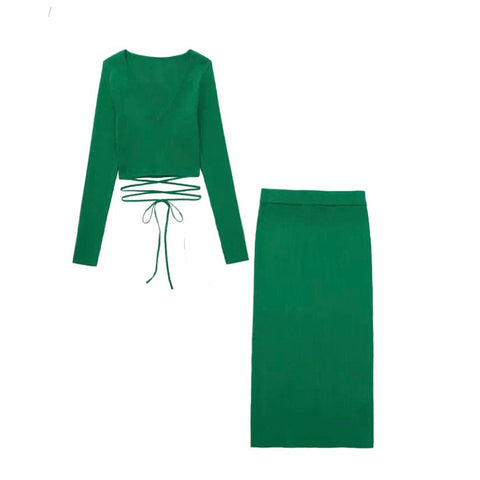 GREEN LONG SLEEVE KNIT TOP AND SKIRT CO-ORD