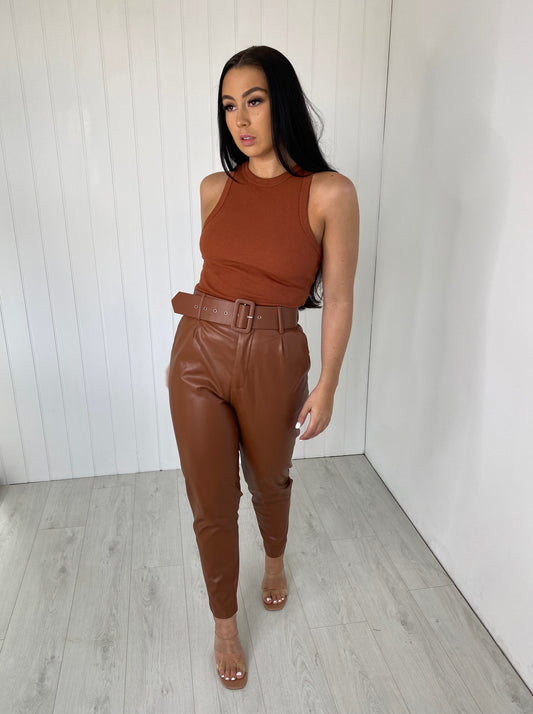 RUST BROWN BELTED VEGAN LEATHER TROUSERS