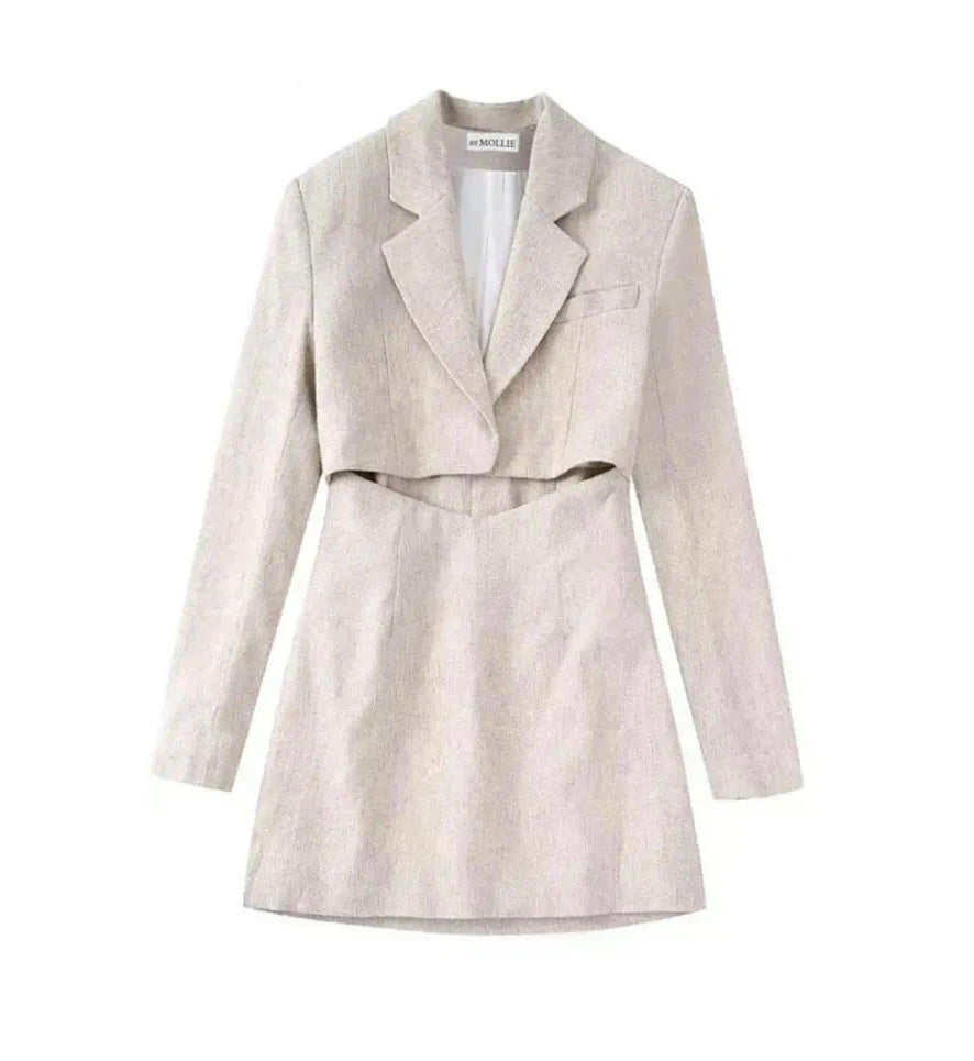 BEIGE LINEN CUT OUT BLAZER DRESS