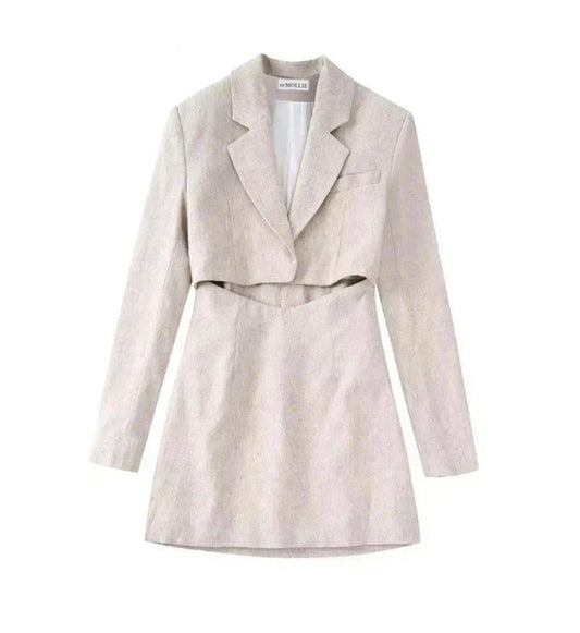 BEIGE LINEN CUT OUT BLAZER DRESS