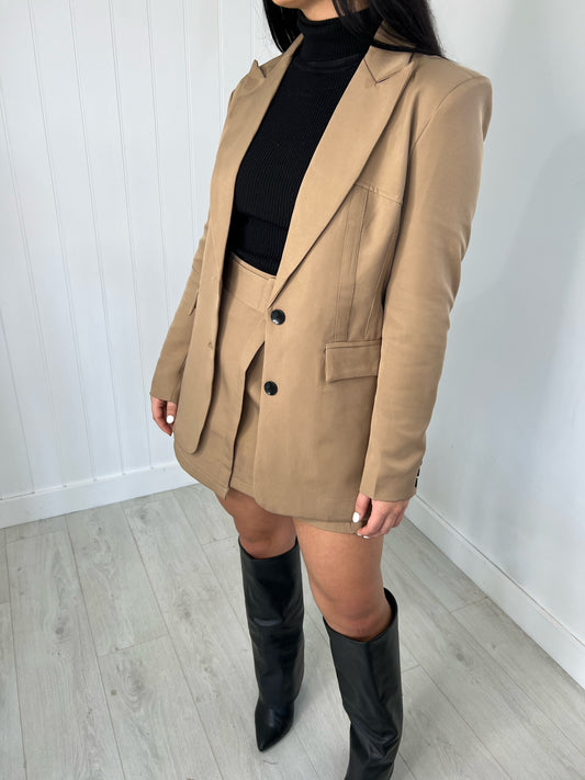 CAMEL FITTED BLAZER AND BELTED MINI SKIRT CO-ORD