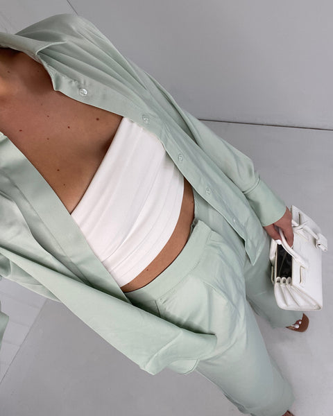 SAGE GREEN SATIN SHIRT AND FLARE TROUSER CO-ORD