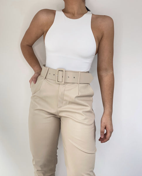 BEIGE BELTED VEGAN LEATHER TROUSERS