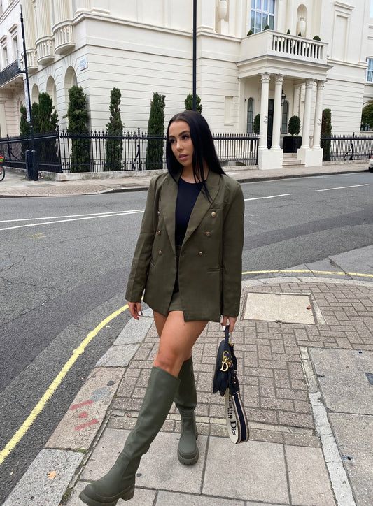 KHAKI GOLD BUTTON BLAZER AND SIDE RUCHED MINI SKIRT CO-ORD