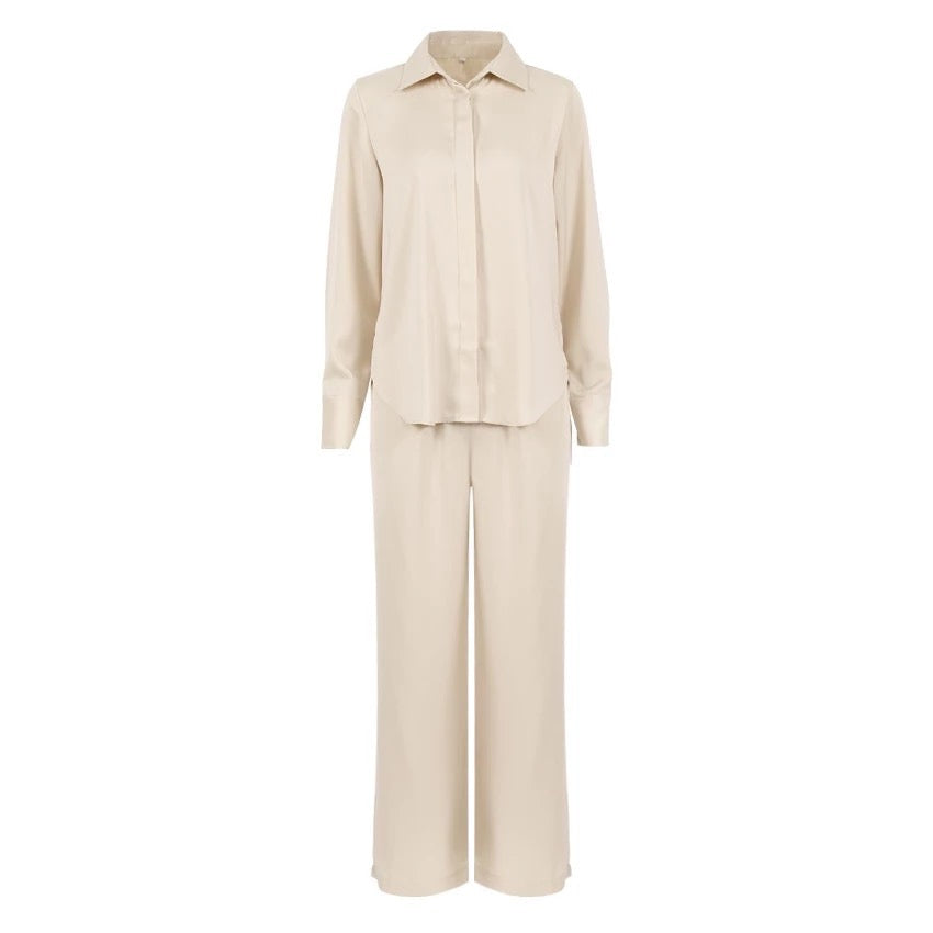 BEIGE SATIN SHIRT AND FLARE TROUSER CO-ORD
