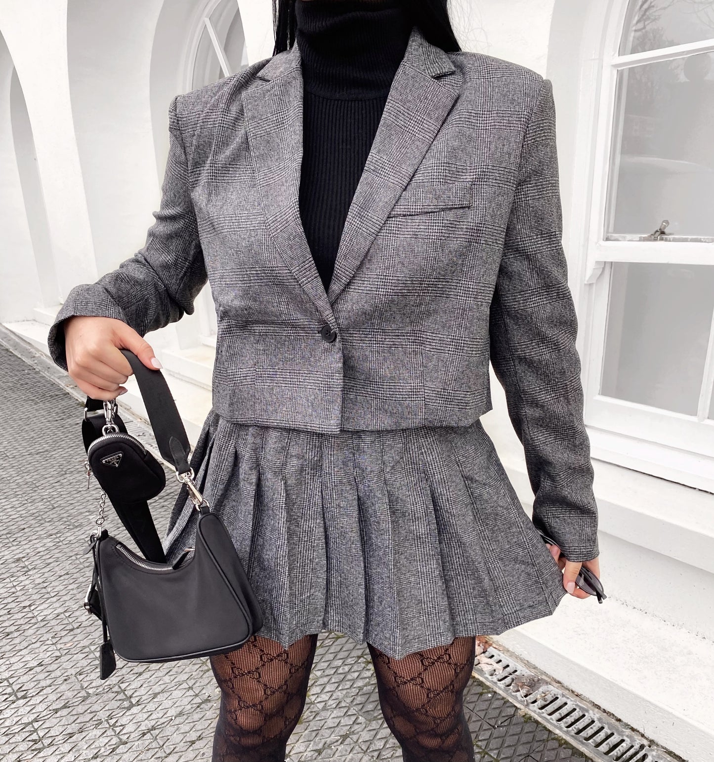 GREY CHECK CROP BLAZER AND PLEATED MINI SKIRT CO-ORD
