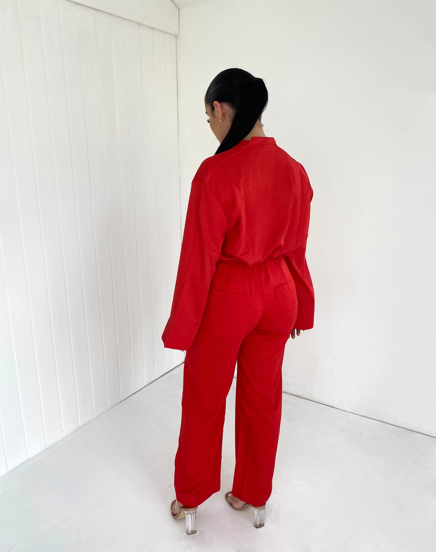 RED V-NECK BLOUSE AND FLARE TROUSER CO-ORD