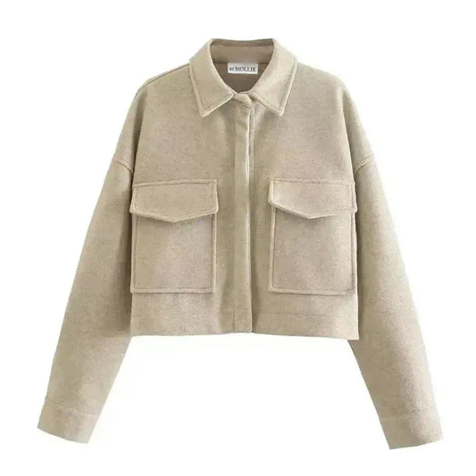 BEIGE WOOL LOOK CROP SHACKET