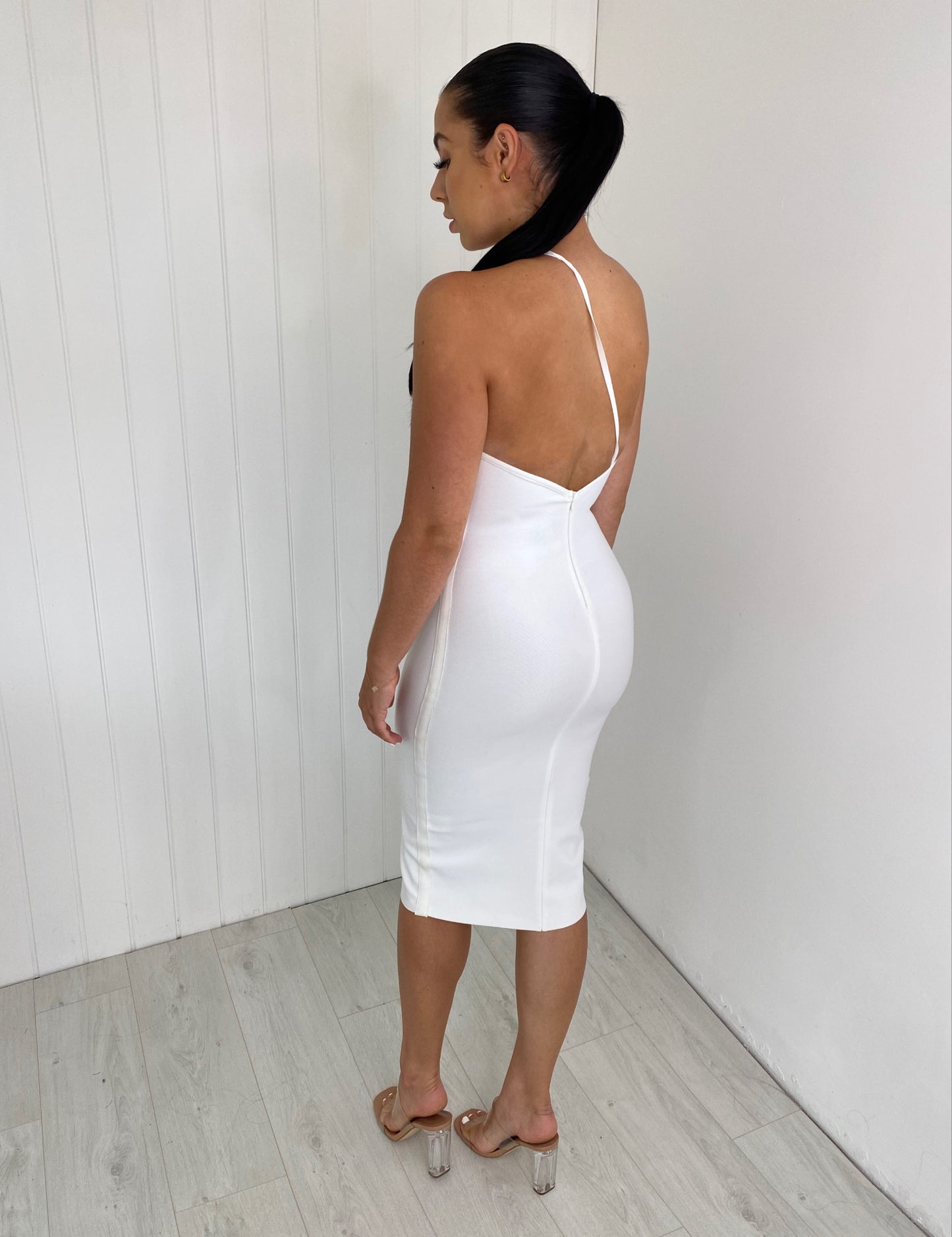 WHITE BANDAGE SCUPLT ONE SHOULDER MIDI DRESS