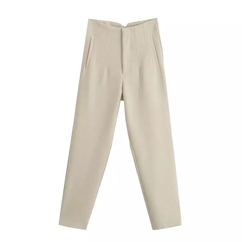 BEIGE DARTED HIGH WAIST TROUSERS