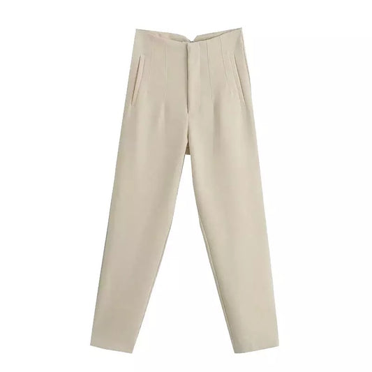 BEIGE DARTED HIGH WAIST TROUSERS