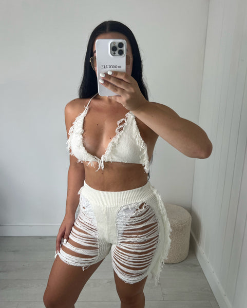 DISTRESSED TASSLE KNIT BRALET AND SHORTS CO-ORD