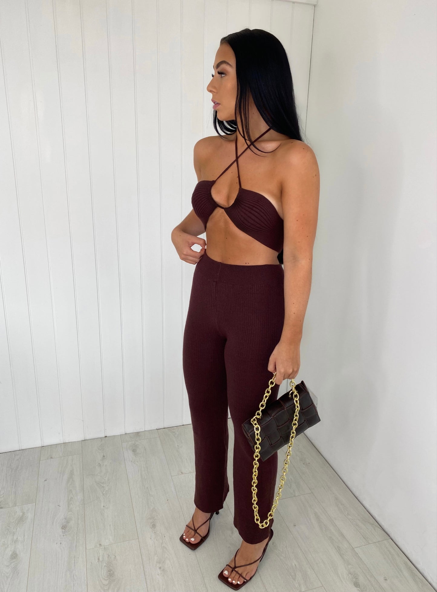 BROWN HALTERNECK CROP AND TROUSER KNIT CO-ORD