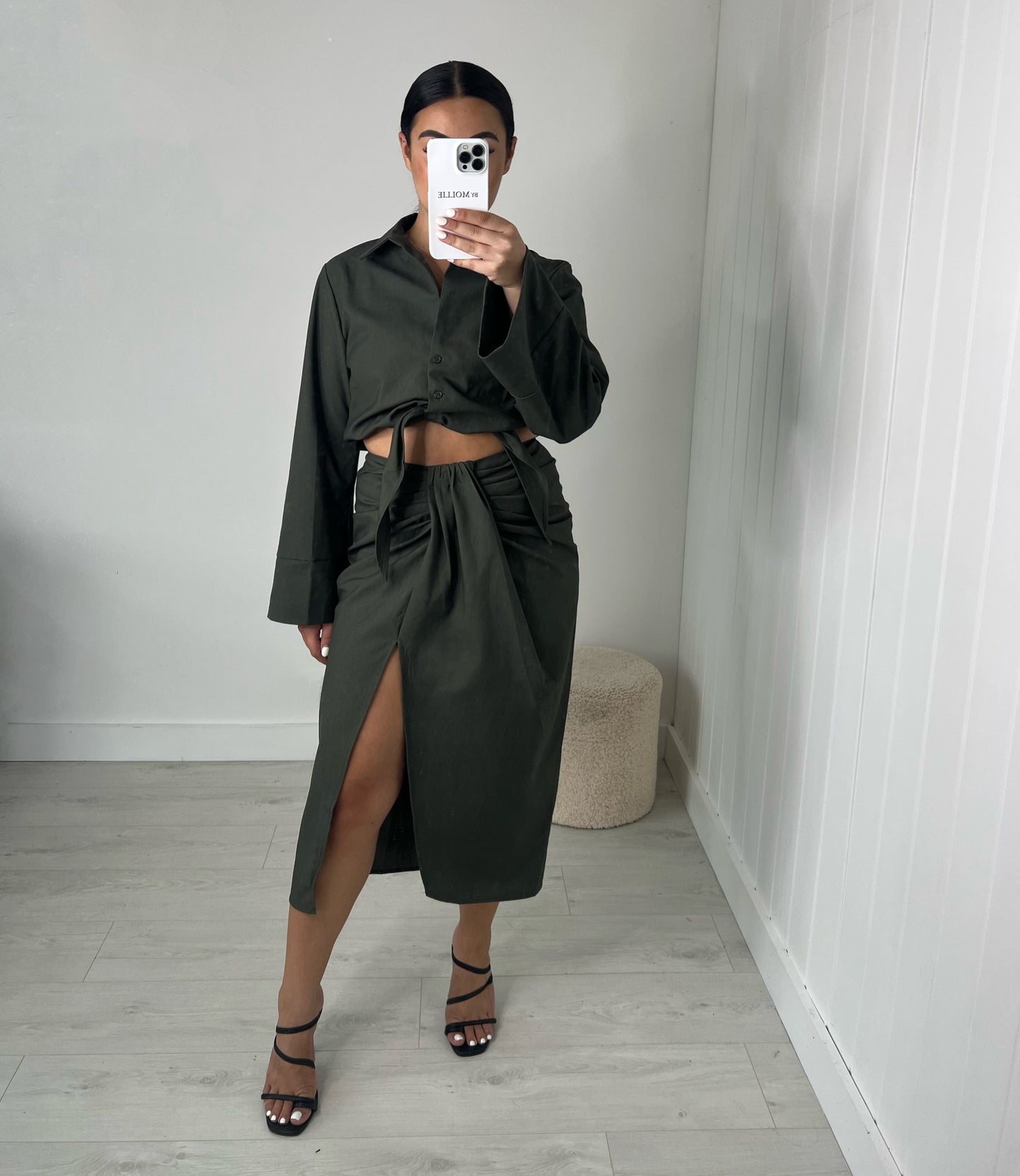 KHAKI WIDE SLEEVE SHIRT AND SPLIT MIDI SKIRT CO-ORD