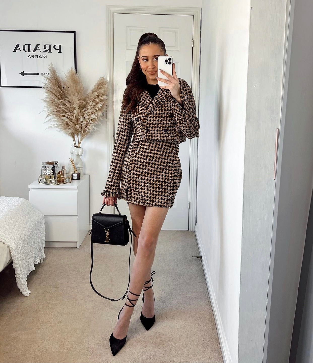CAMEL AND BLACK TWEED CROP BLAZER AND SIDE SPLIT MINI SKIRT CO-ORD