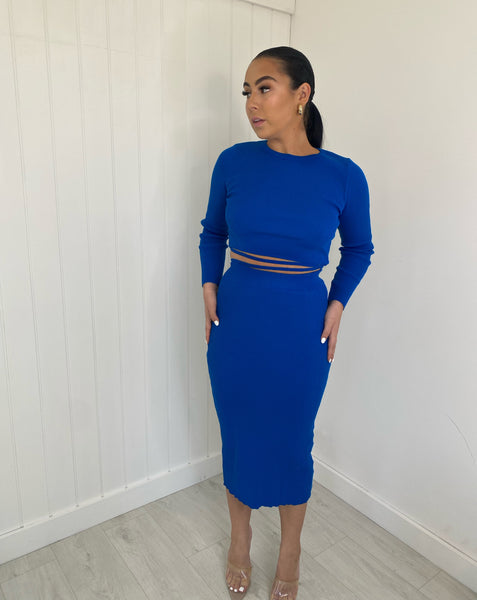 BLUE LONG SLEEVE KNIT TOP AND SKIRT CO-ORD