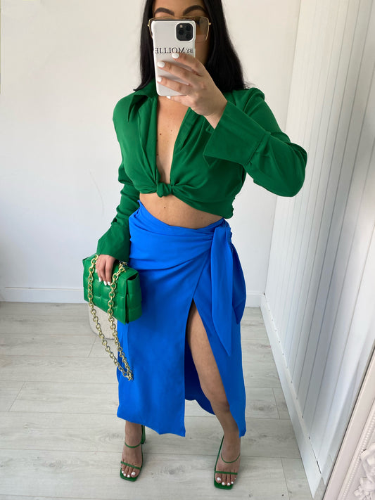 BLUE SIDE KNOT SPLIT MIDI SKIRT