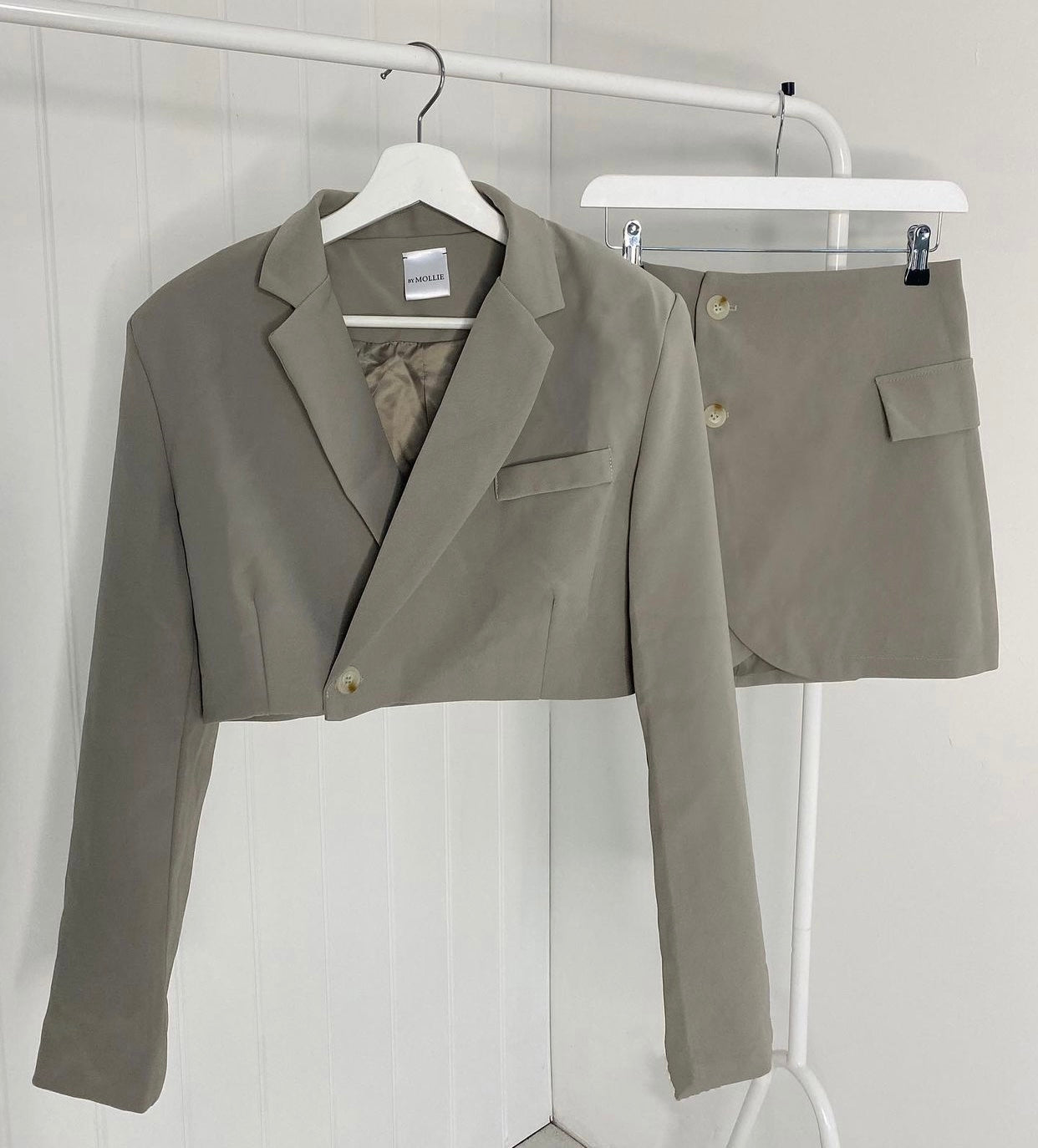 GREY CROP BLAZER AND MINI SKIRT CO-ORD