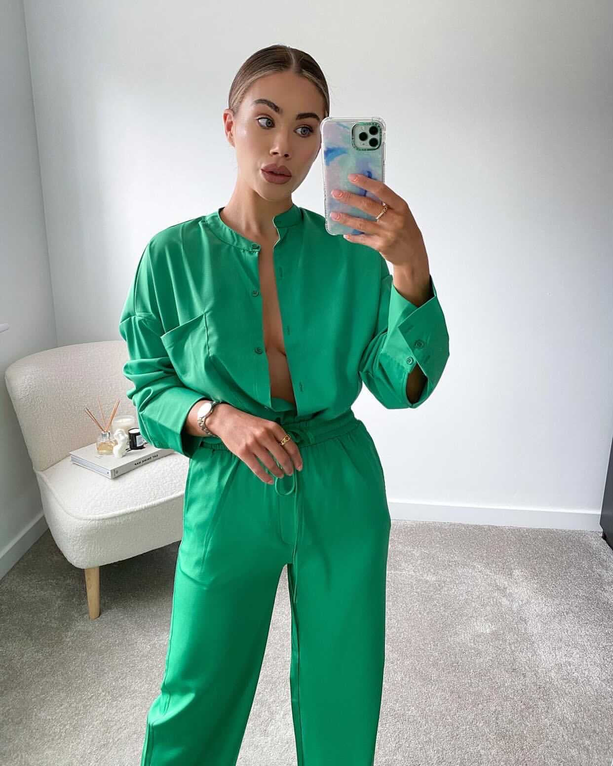 GREEN SATIN OVERSIZED SHIRT AND TROUSER CO-ORD