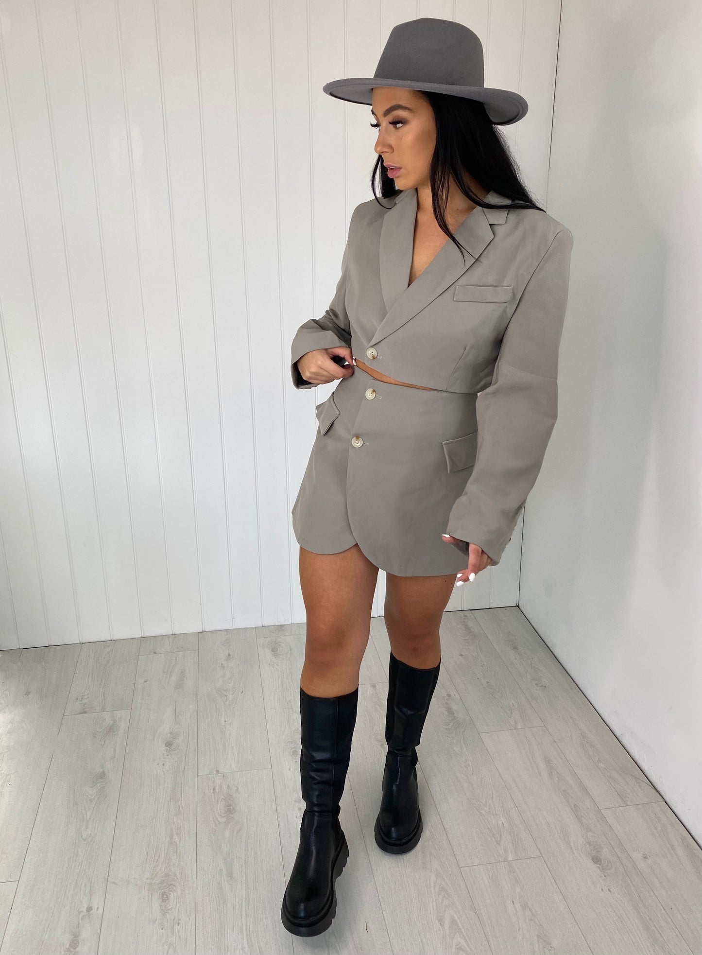 GREY CROP BLAZER AND MINI SKIRT CO-ORD