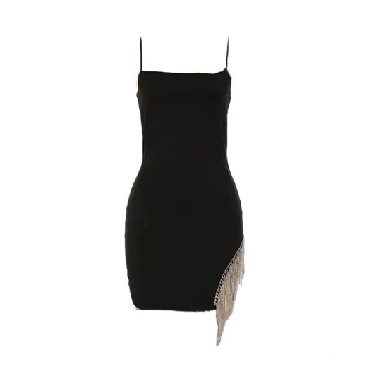 BLACK ASYMMETRIC MINI DRESS WITH DIAMANTÉ HEM