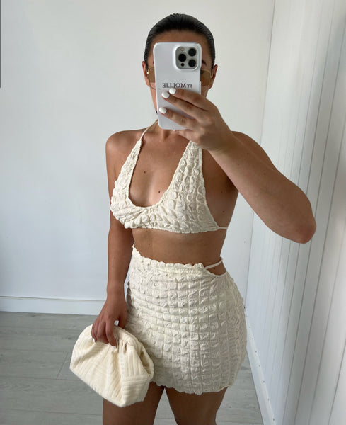 TEXTURED HALTER NECK CROP TOP AND MINI SKIRT CO-ORD