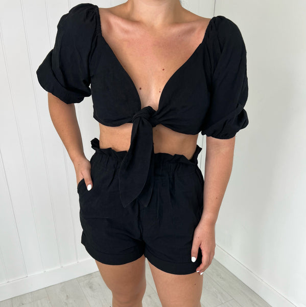 BLACK TIE FRONT CROP BLOUSE AND SHORTS CO-ORD