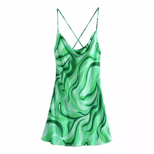 GREEN PRINTED CROSS BACK MINI DRESS