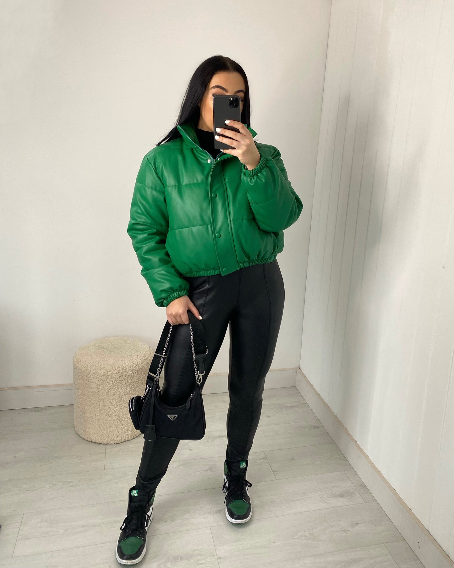 GREEN VEGAN LEATHER PUFFER JACKET