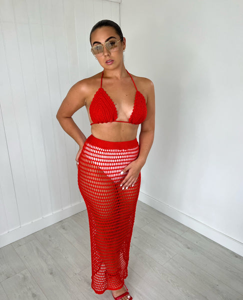 RED CROCHET BRALET AND MAXI SKIRT CO-ORD