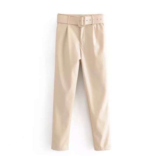 BEIGE BELTED VEGAN LEATHER TROUSERS