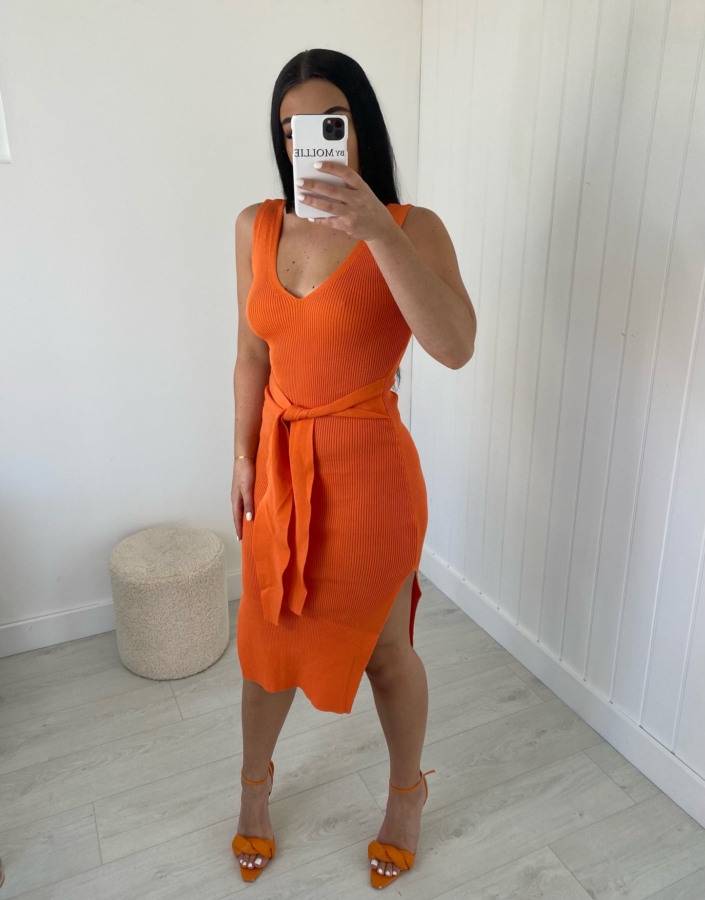 ORANGE V-NECK KNIT TIE FRONT MIDI DRESS