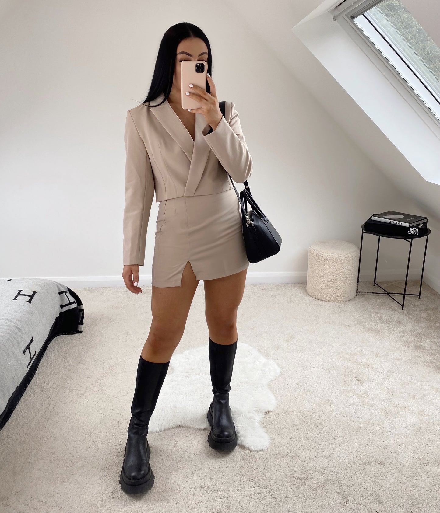 NUDE CROP BLAZER AND MINI SKIRT CO-ORD