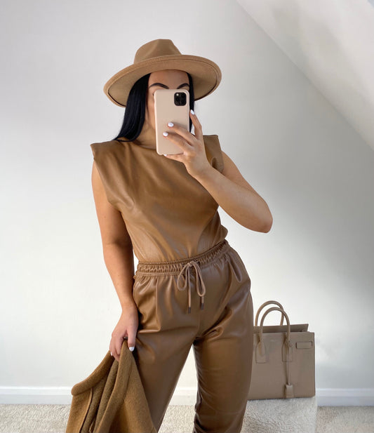 CAMEL FAUX LEATHER SHOULDER PADDED CROP TOP