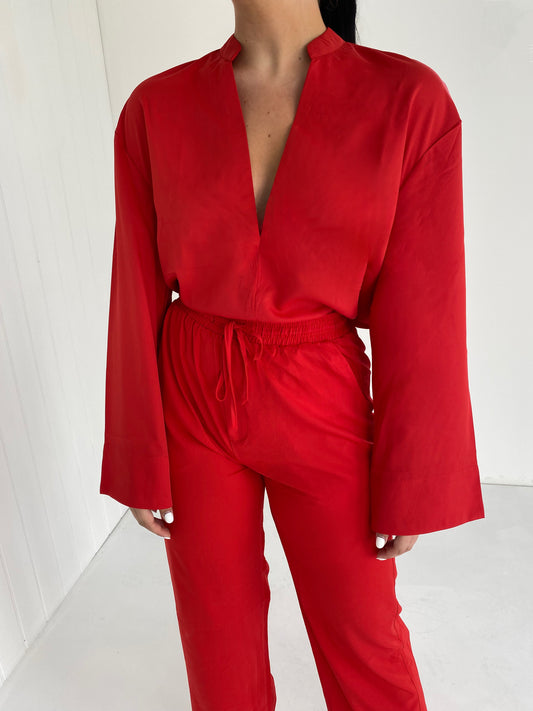 RED V-NECK BLOUSE AND FLARE TROUSER CO-ORD