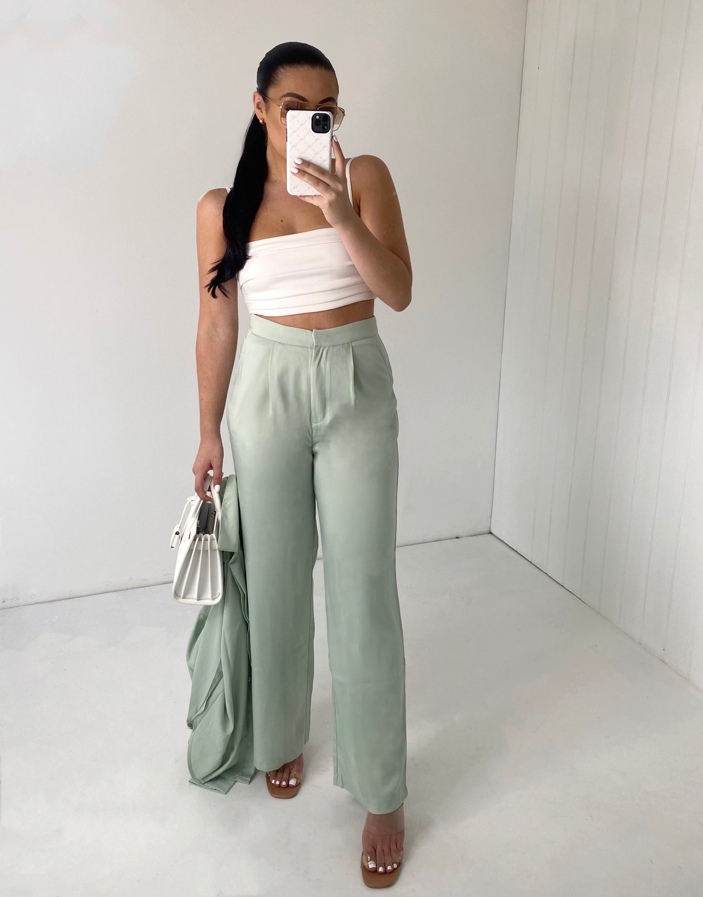 SAGE GREEN SATIN SHIRT AND FLARE TROUSER CO-ORD