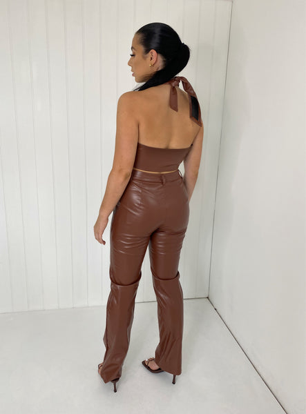 BROWN FAUX LEATHER HALTER NECK AND TROUSER CO-ORD
