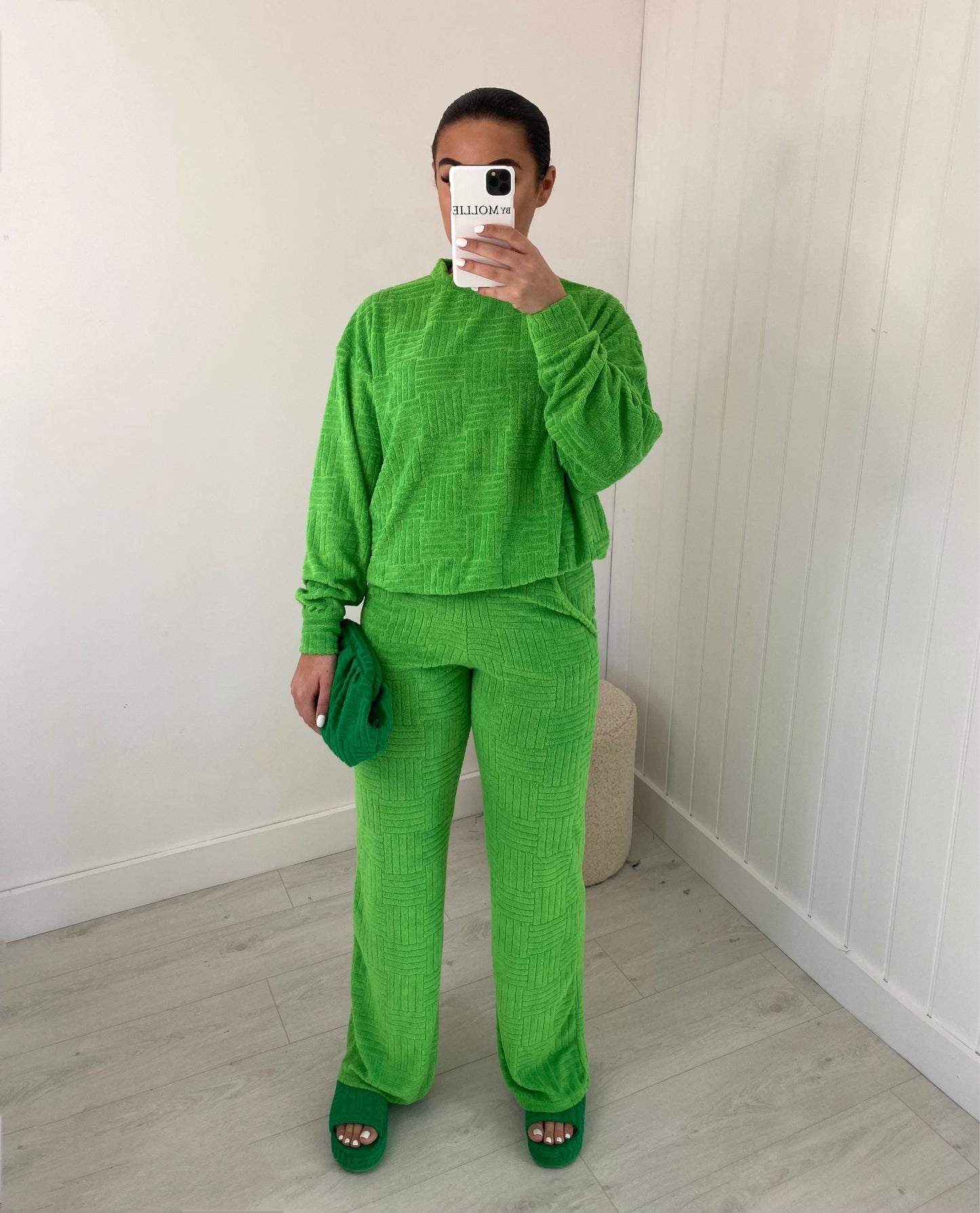 LIME GREEN OVERSIZED TOWELLING SWEATSHIRT AND WIDE LEG TROUSER CO-ORD