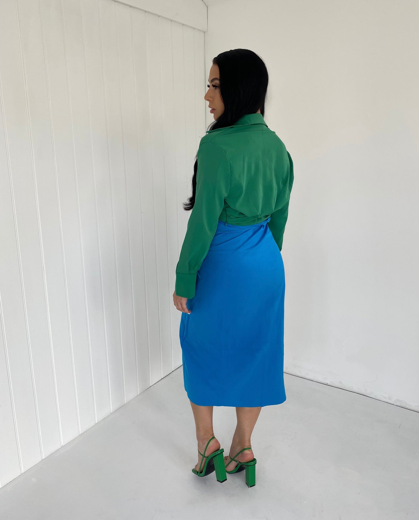 BLUE SIDE KNOT SPLIT MIDI SKIRT