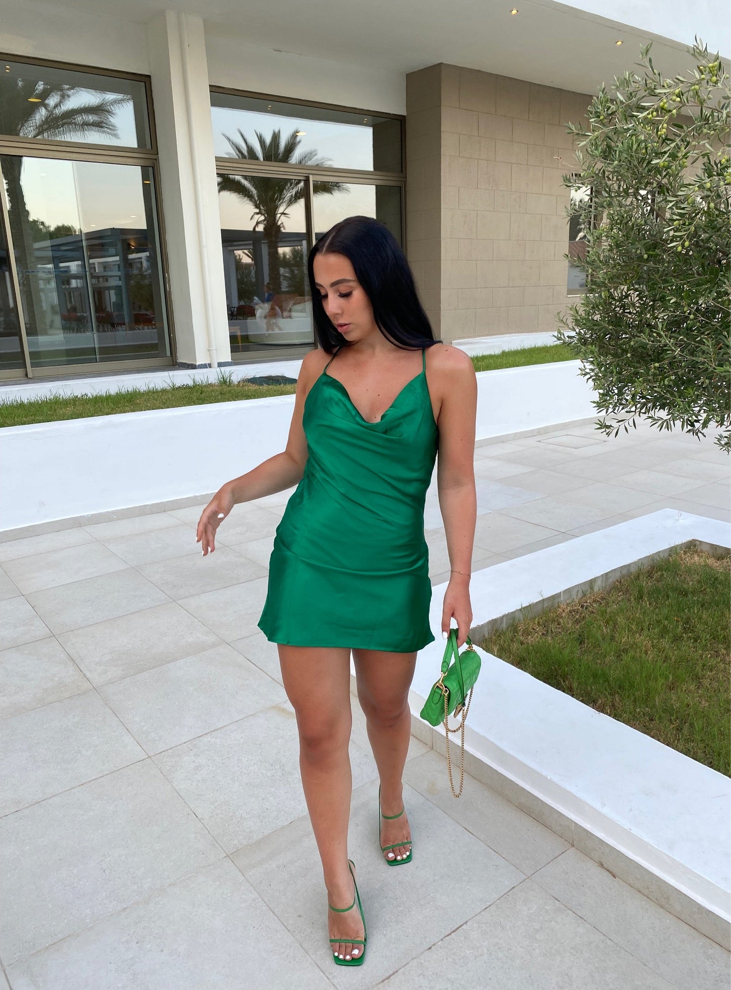 GREEN SATIN CROSS BACK MINI DRESS