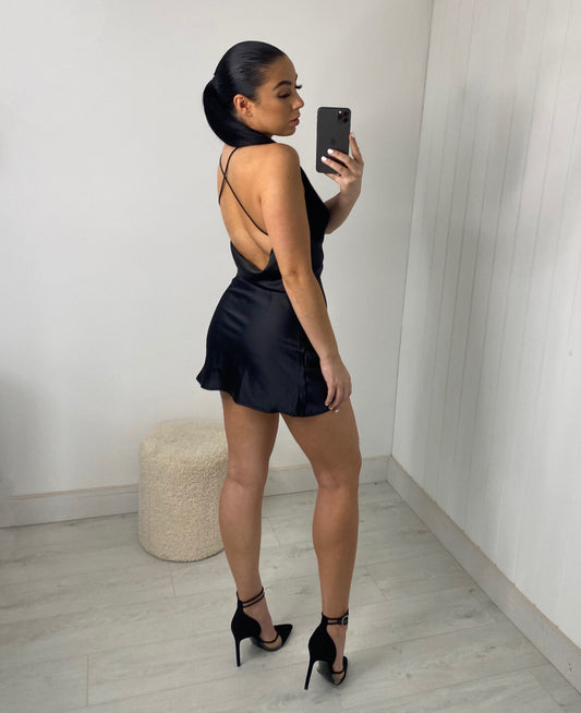 BLACK SATIN CROSS BACK MINI DRESS